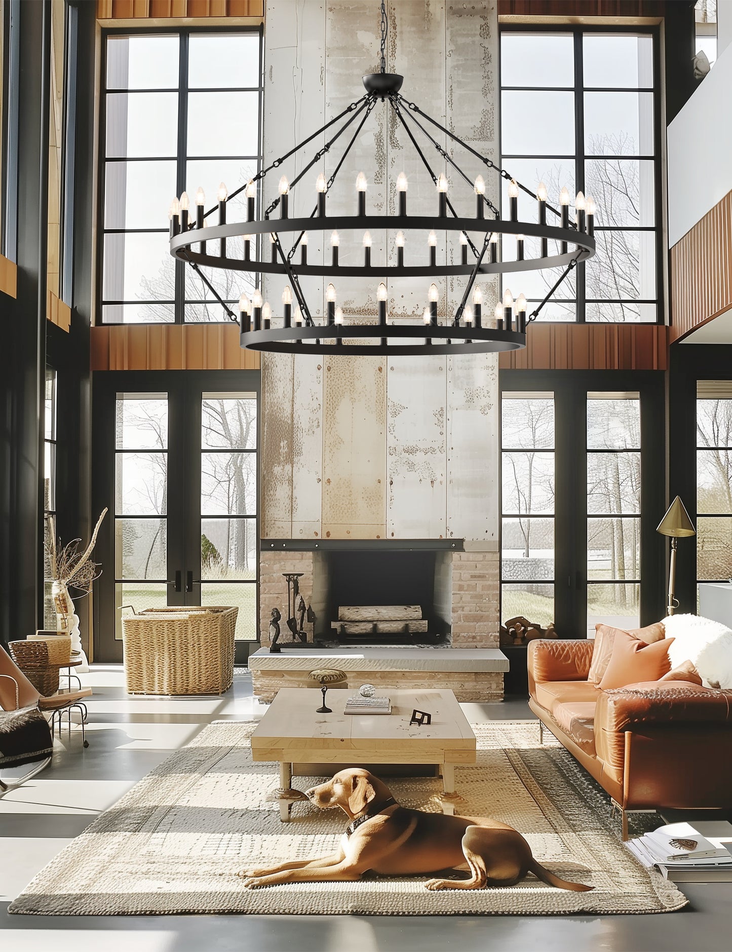 YANSUN 54-Light Industrial Black Chandelier with Double Ring and Straight Rod Design, E12 Base (Bulbs No Included)