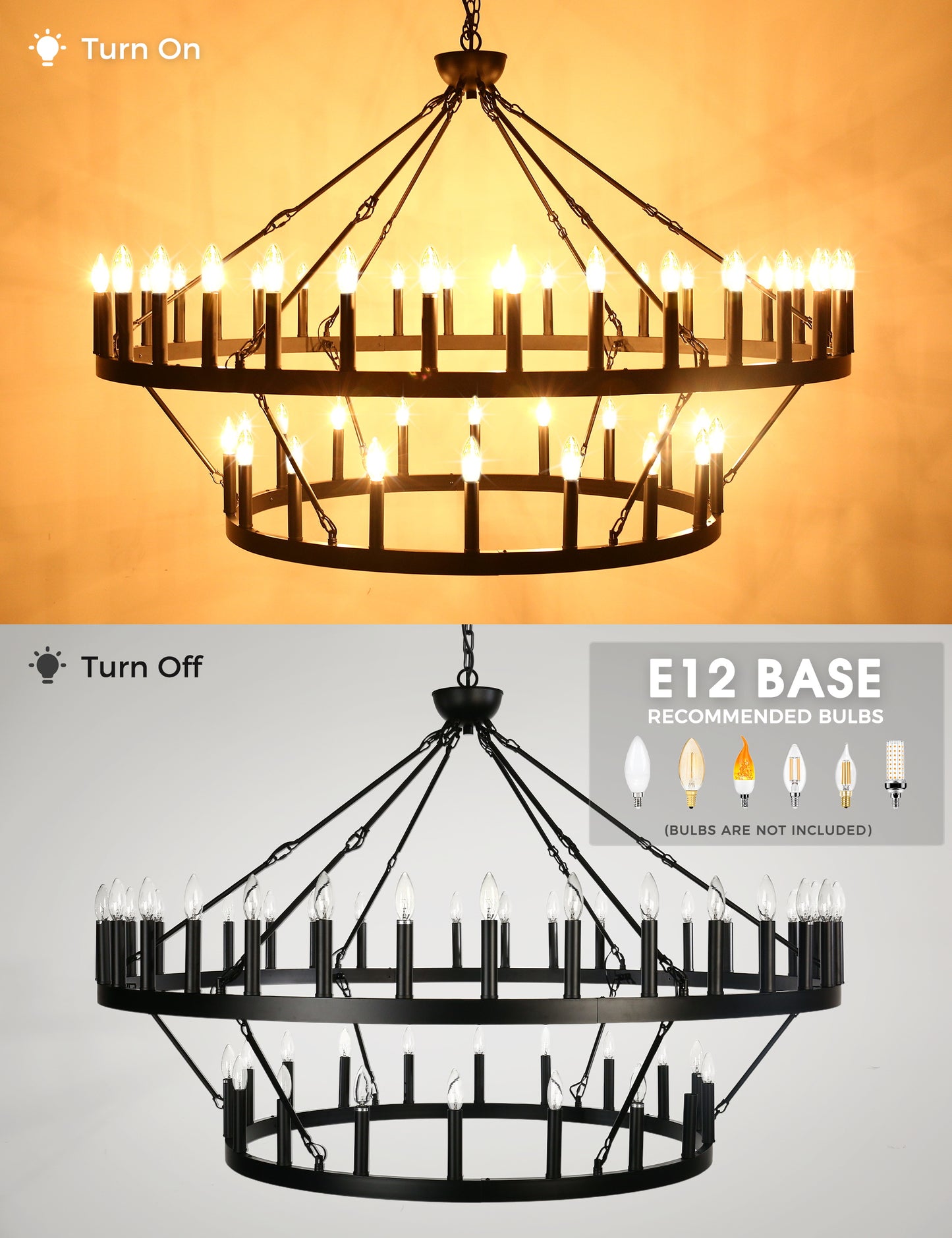 YANSUN 54-Light Industrial Black Chandelier with Double Ring and Straight Rod Design, E12 Base (Bulbs No Included)