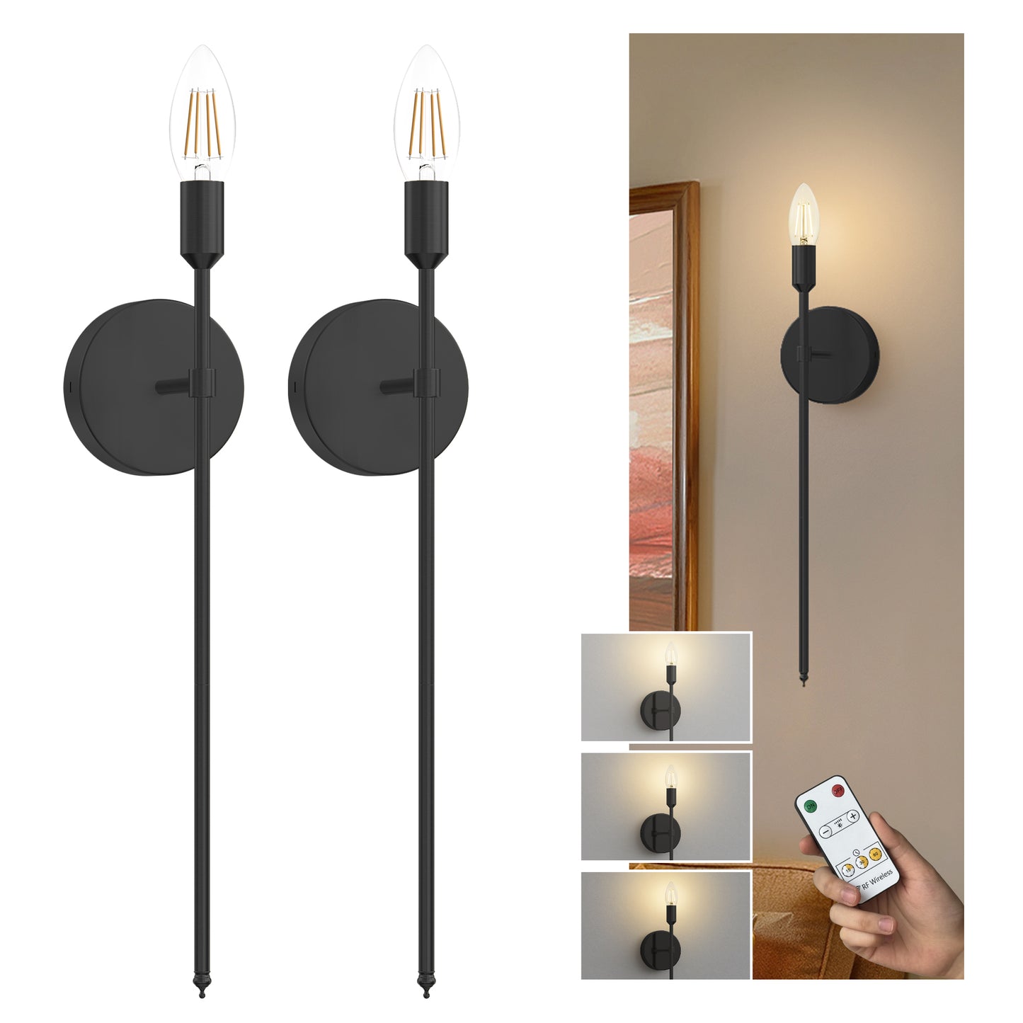 YANSUN 2-Pack Candle Style Wall Light, E12 Socket, Non-Integrated Light Source, 3000K, Remote & Touch Control