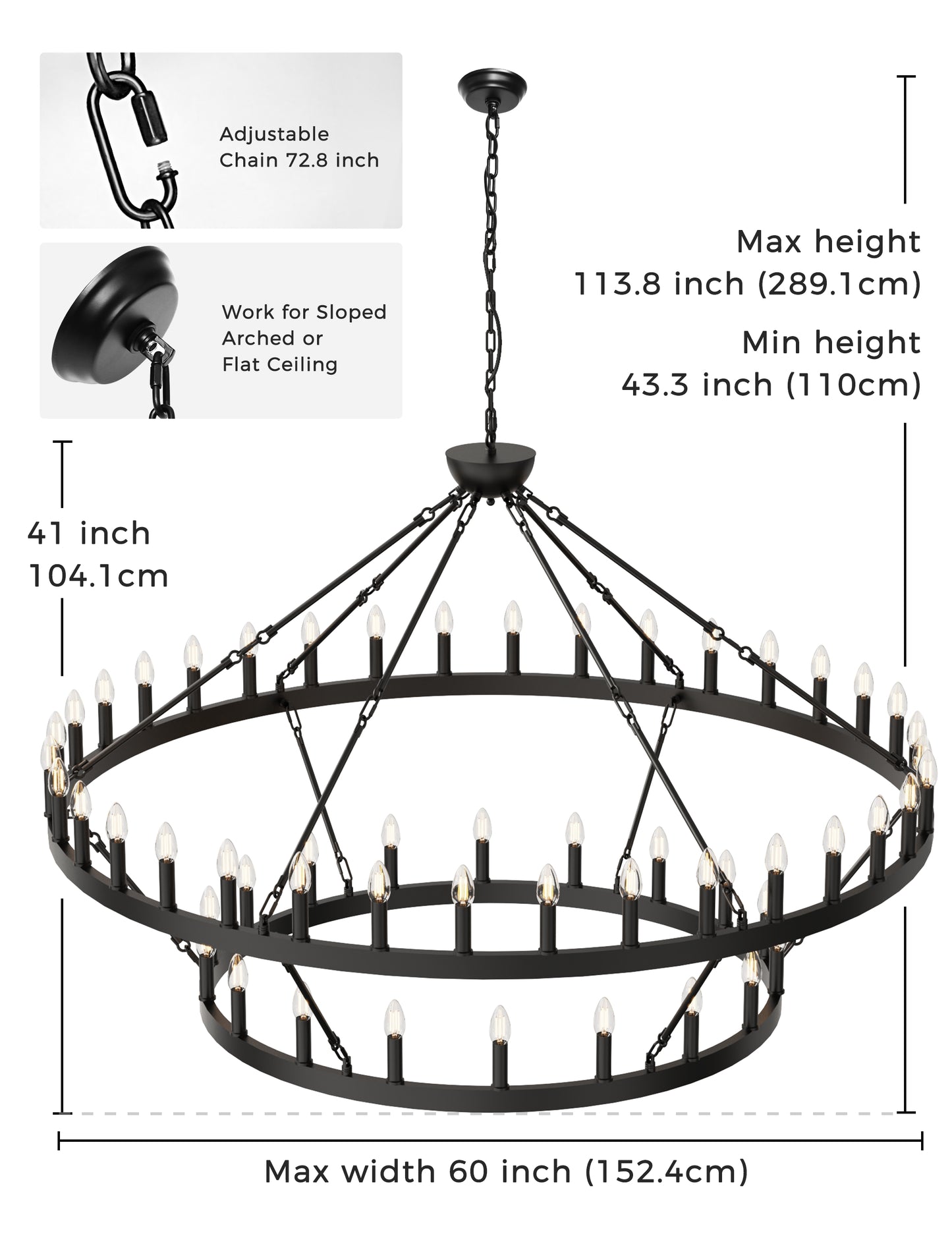 YANSUN 54-Light Industrial Black Chandelier with Double Ring and Straight Rod Design, E12 Base (Bulbs No Included)