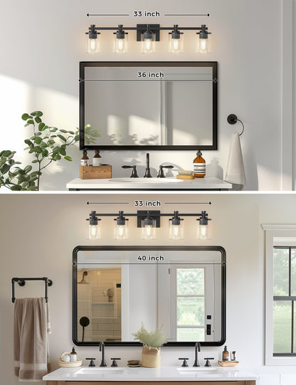 YANSUN 33 in. 5-Light Black Bathroom Vanity Light for Bathroom Bedroom or Hallway with Clear Glass Shades