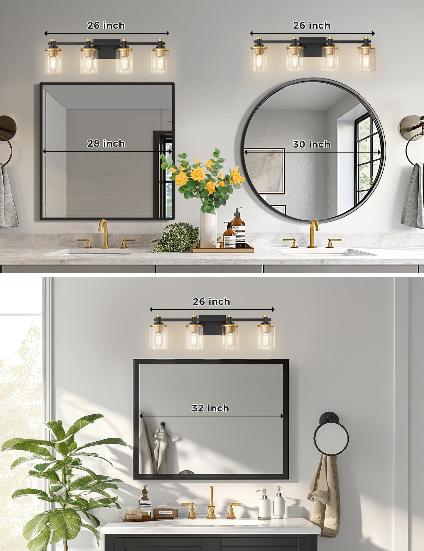 YANSUN 27.6 in. 4-Light Black and Gold Vanity Light Modern Wall Sconce with Clear Cylinder Glass Shades, E26 Bathroom Fixture