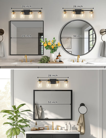YANSUN 27.6 in. 4-Light Black and Gold Vanity Light Modern Wall Sconce with Clear Cylinder Glass Shades, E26 Bathroom Fixture