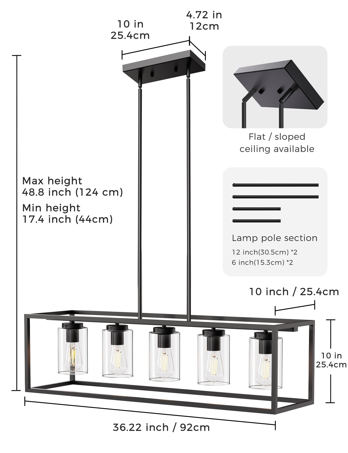 YANSUN Modern 5-Light Matte Black Island Pendant Light with Clear Glass Shades, Adjustable Chain, No Bbs Included