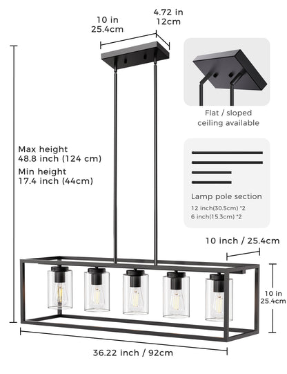 YANSUN Modern 5-Light Matte Black Island Pendant Light with Clear Glass Shades, Adjustable Chain, No Bbs Included