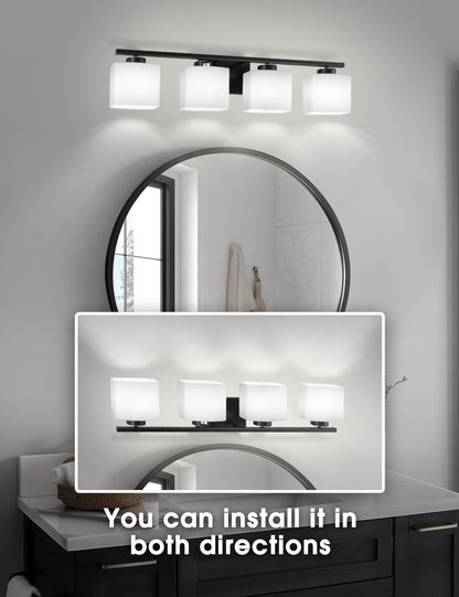 YANSUN 31 in. 4 Light Matte Black Vanity Light for Vanity Powder Room Dressing Room with White Glass Shades