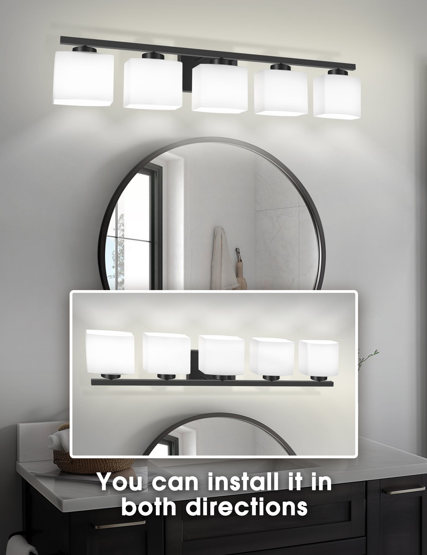 YANSUN 40 in. 5 Light Matte Black Vanity Light with White Glass Shades for Bathroom and No Bulbs Included
