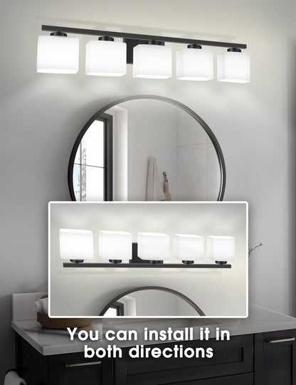 YANSUN 40 in. 5 Light Matte Black Vanity Light with White Glass Shades for Bathroom and No Bulbs Included