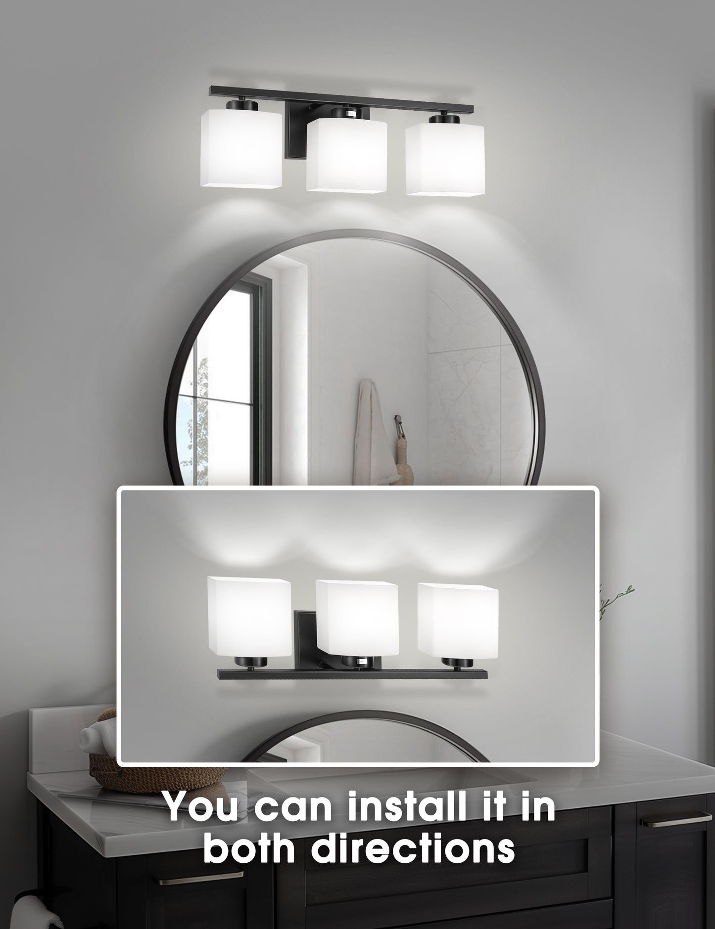YANSUN 22 in. 3 Light Matte Black Vanity Light for Bathroom Bedroom Living Room with White Shades