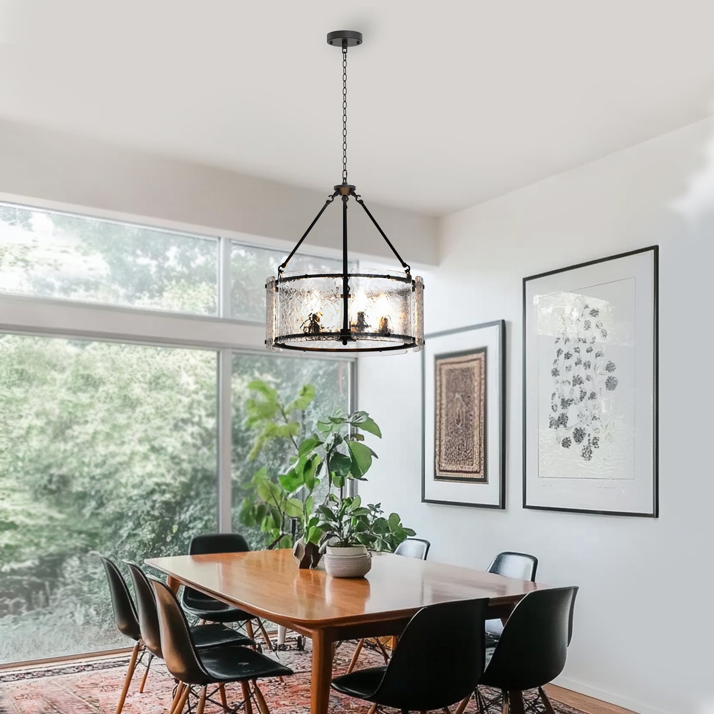 YANSUN 5-Light Black Drum Chandelier Pendant Light with Glass Shade and E12 Base for Dining Room, No Bulbs Included