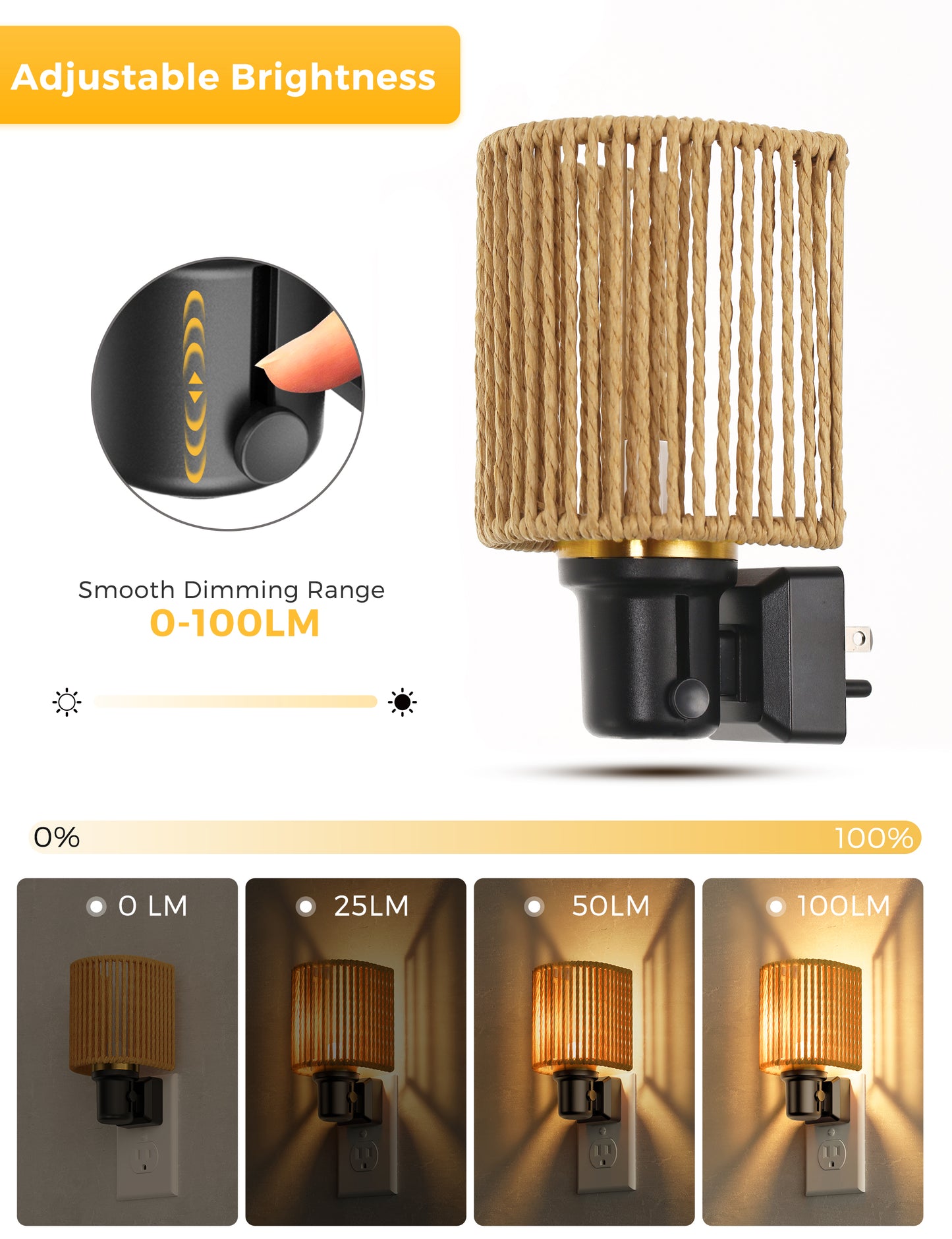 YANSUN 1-Pack 1W Dusk to Dawn Plug-in Night Light Boho Rope Shade Warm White 2700K Dimmable LED Night Light with Gold Ring Accent for Bedroom Hallway