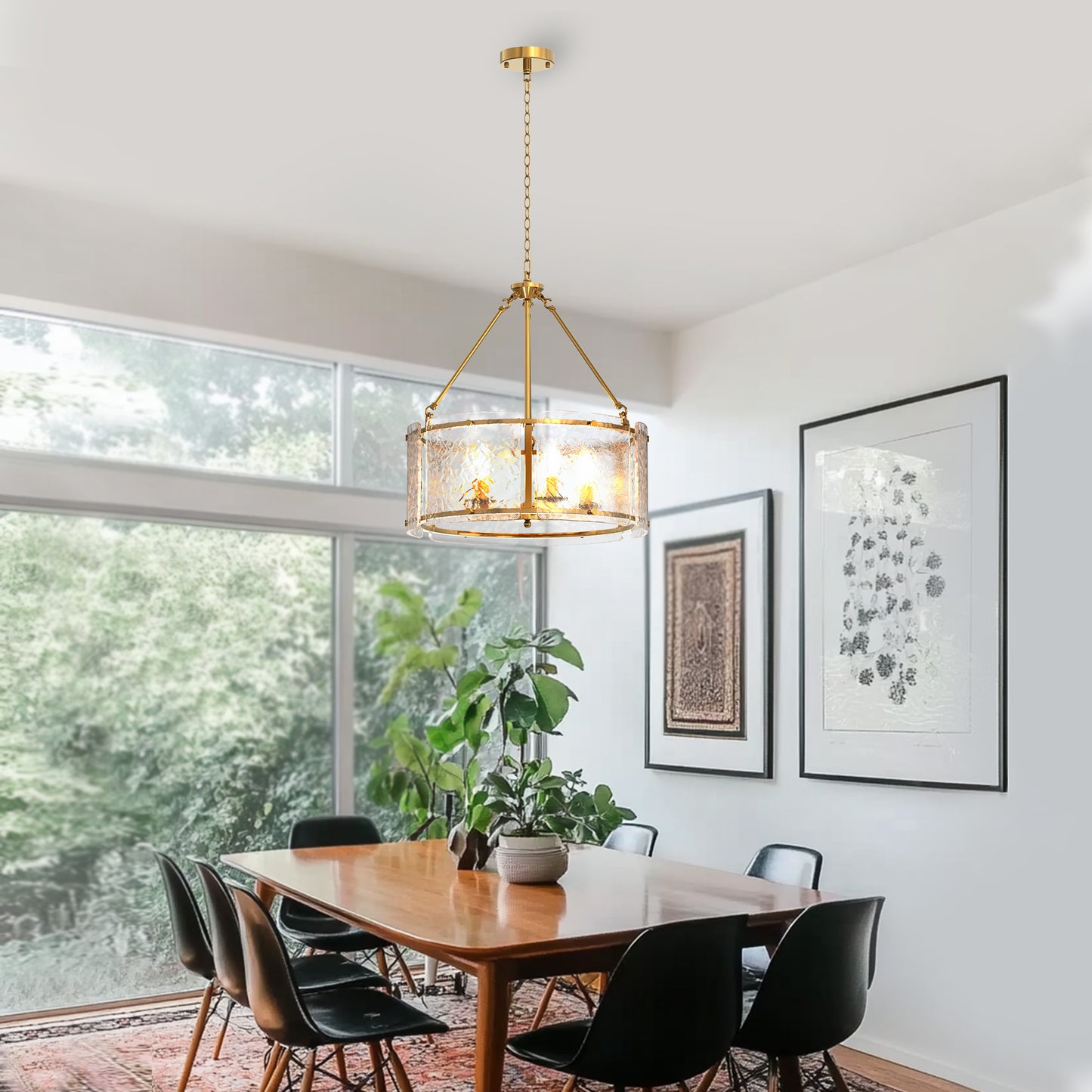 YANSUN 21 in. 5-Light Gold Modern Glass Drum Chandeliers, Dining Room Light Pendant Light Fixtures Over Table