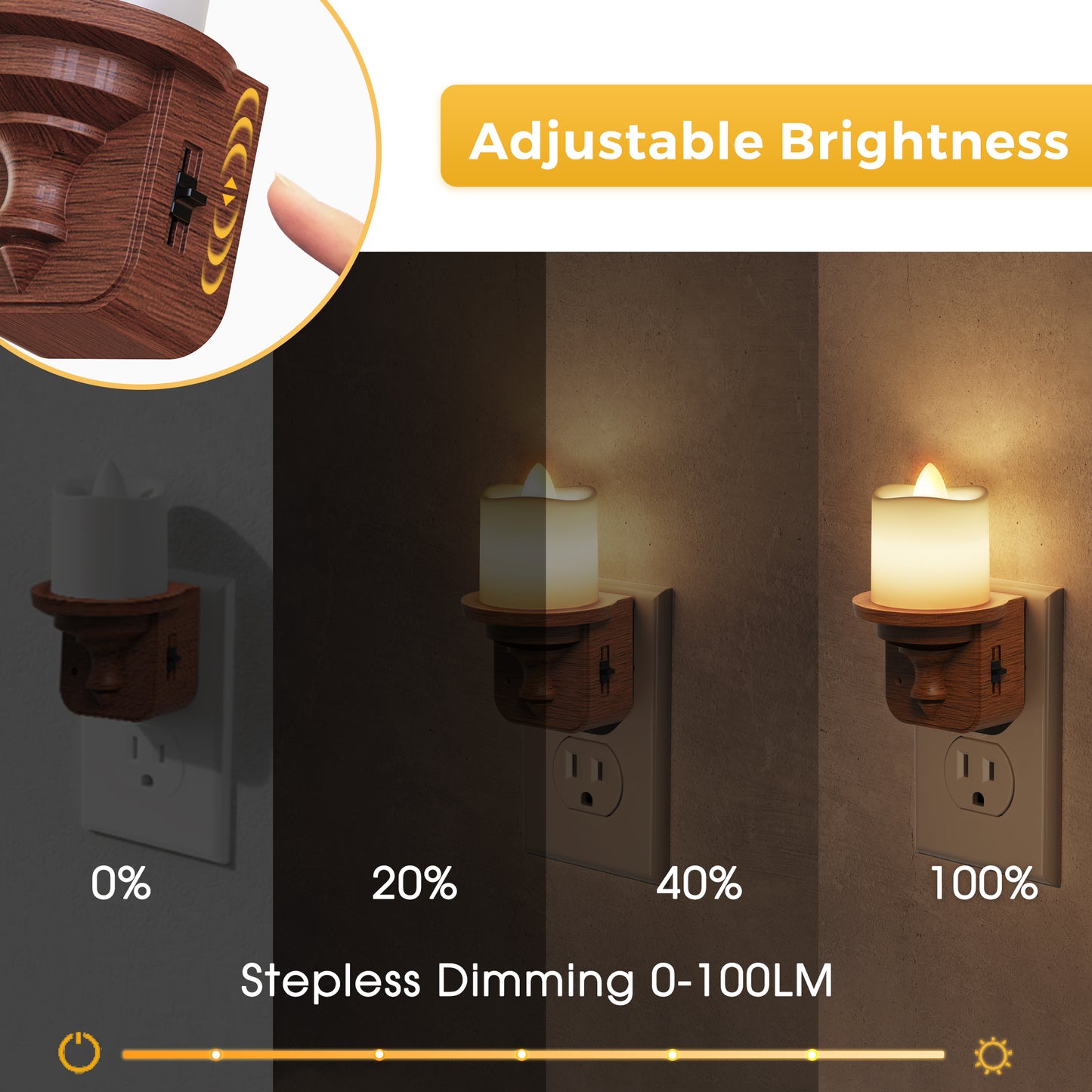 YANSUN 2-Pack 1W Plug-In Dusk to Dawn Candle Night Light, Warm 2700K LED, Wood-Grain Plastic Housing, Slide Dimmer, US 2-Prong Plug
