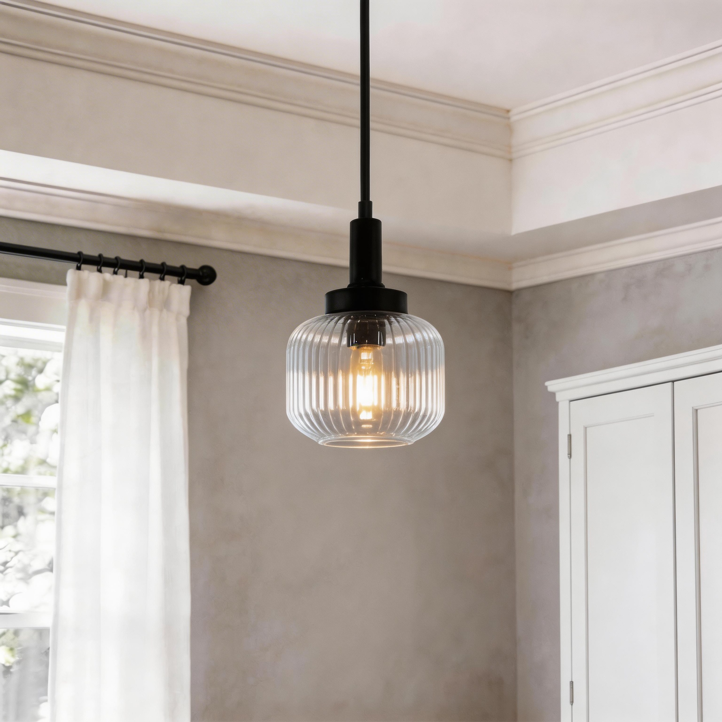 YANSUN 2-Pack 1-Light Traditional Pendant Light with Clear Ribbed Glass Globe Shade and Matte Black Metal Finish