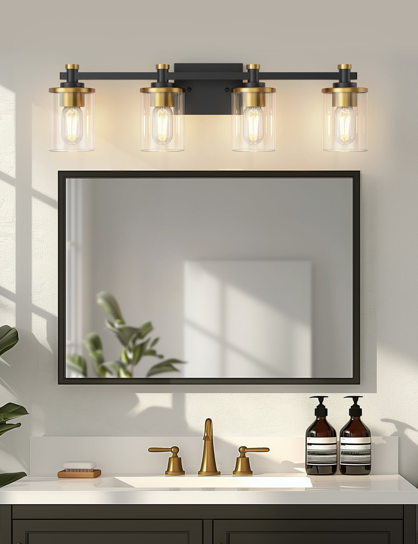 YANSUN 27.6 in. 4-Light Black and Gold Vanity Light Modern Wall Sconce with Clear Cylinder Glass Shades, E26 Bathroom Fixture