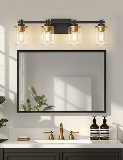 YANSUN 27.6 in. 4-Light Black and Gold Vanity Light Modern Wall Sconce with Clear Cylinder Glass Shades, E26 Bathroom Fixture