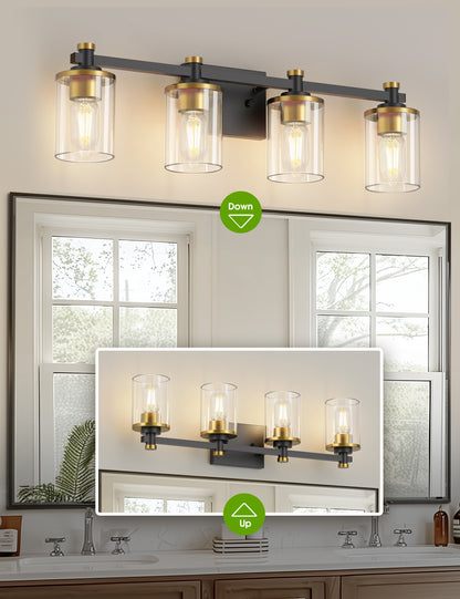 YANSUN 27.6 in. 4-Light Black and Gold Vanity Light Modern Wall Sconce with Clear Cylinder Glass Shades, E26 Bathroom Fixture