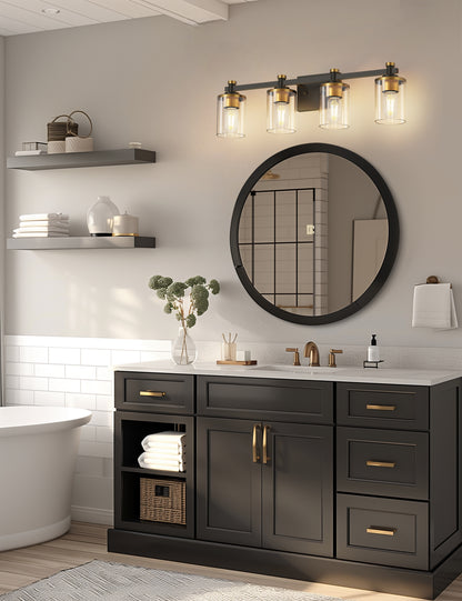 YANSUN 27.6 in. 4-Light Black and Gold Vanity Light Modern Wall Sconce with Clear Cylinder Glass Shades, E26 Bathroom Fixture