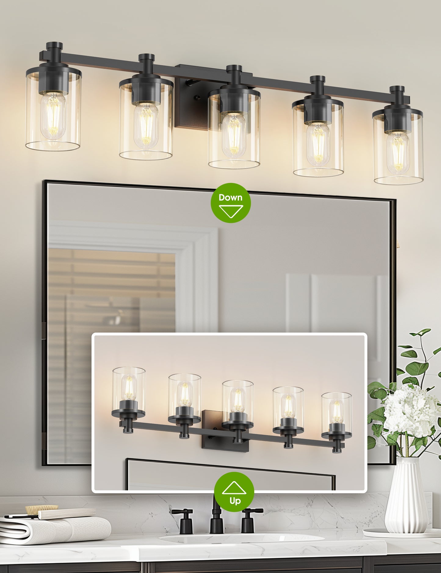 YANSUN 33 in. 5-Light Black Bathroom Vanity Light for Bathroom Bedroom or Hallway with Clear Glass Shades