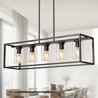 YANSUN Modern 5-Light Matte Black Island Pendant Light with Clear Glass Shades, Adjustable Chain, No Bbs Included