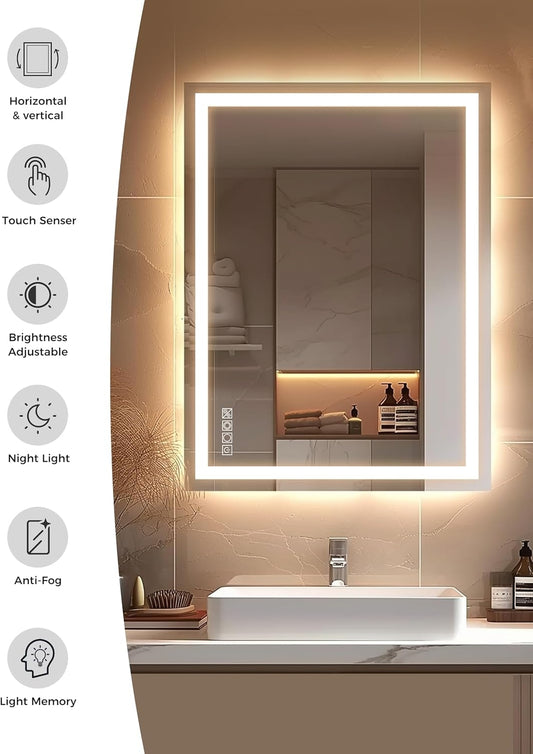 YANSUN LED Bathroom Mirror Vanity Light with Front & Backlight, Dimmable 3CCT, Anti-Fog, Shatter-Proof, Memory, Night Light