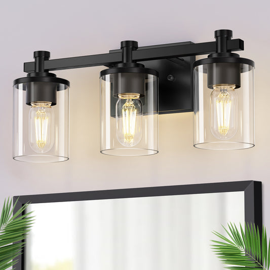 YANSUN 3-Light Vanity Light with Transparent Cylinder Glass Shades Black E26 Bulb Not Included