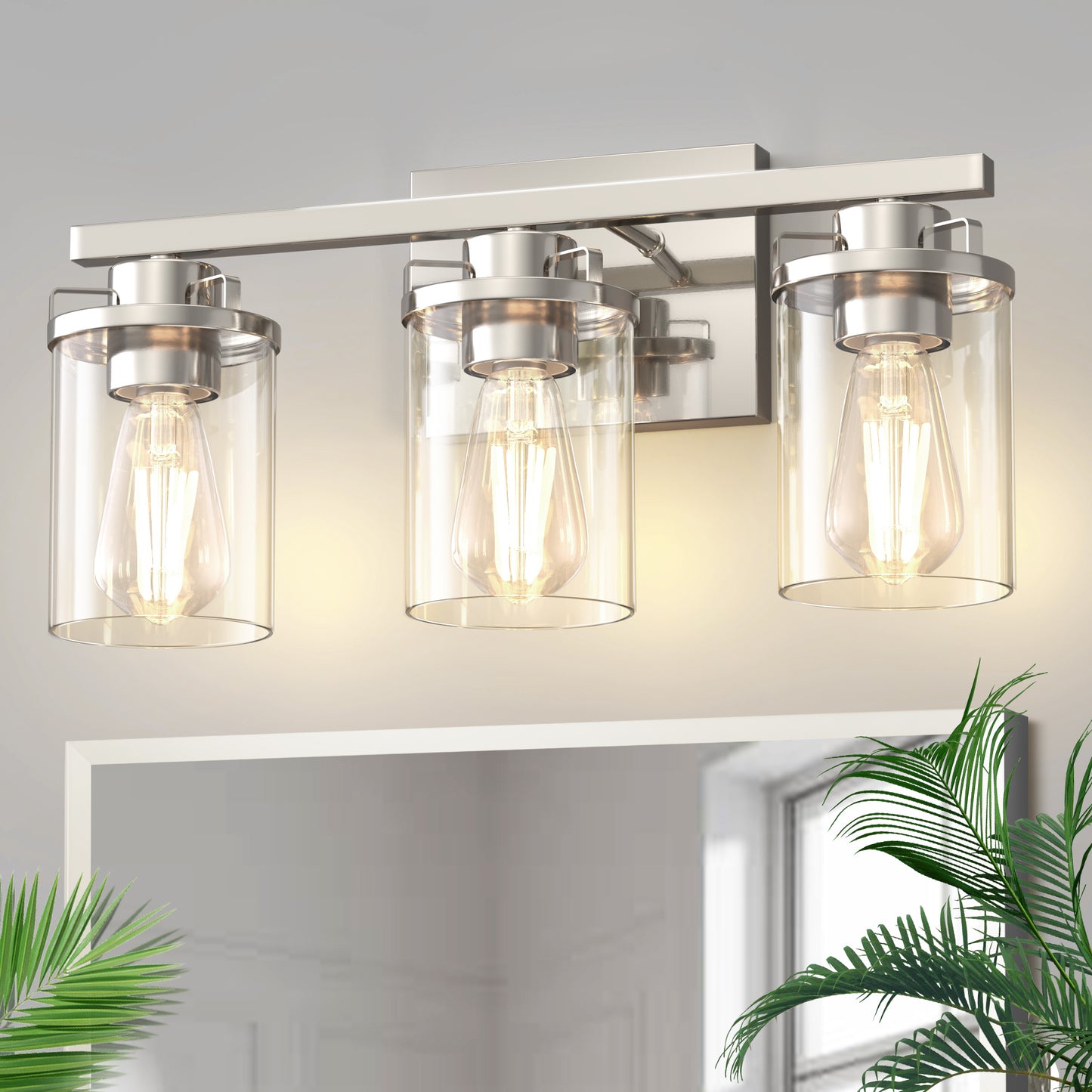 YANSUN 3-Light Vanity Light Wall Sconce in Satin Nickel with Straight Rod and Clear Glass Shades, E26 Base, No Bulbs Included