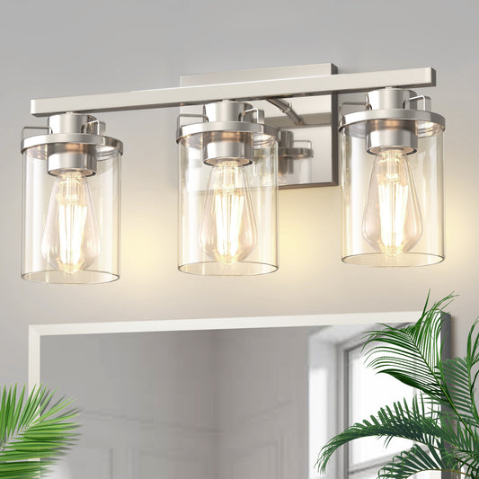 YANSUN 3-Light Vanity Light Wall Sconce in Satin Nickel with Straight Rod and Clear Glass Shades, E26 Base, No Bulbs Included