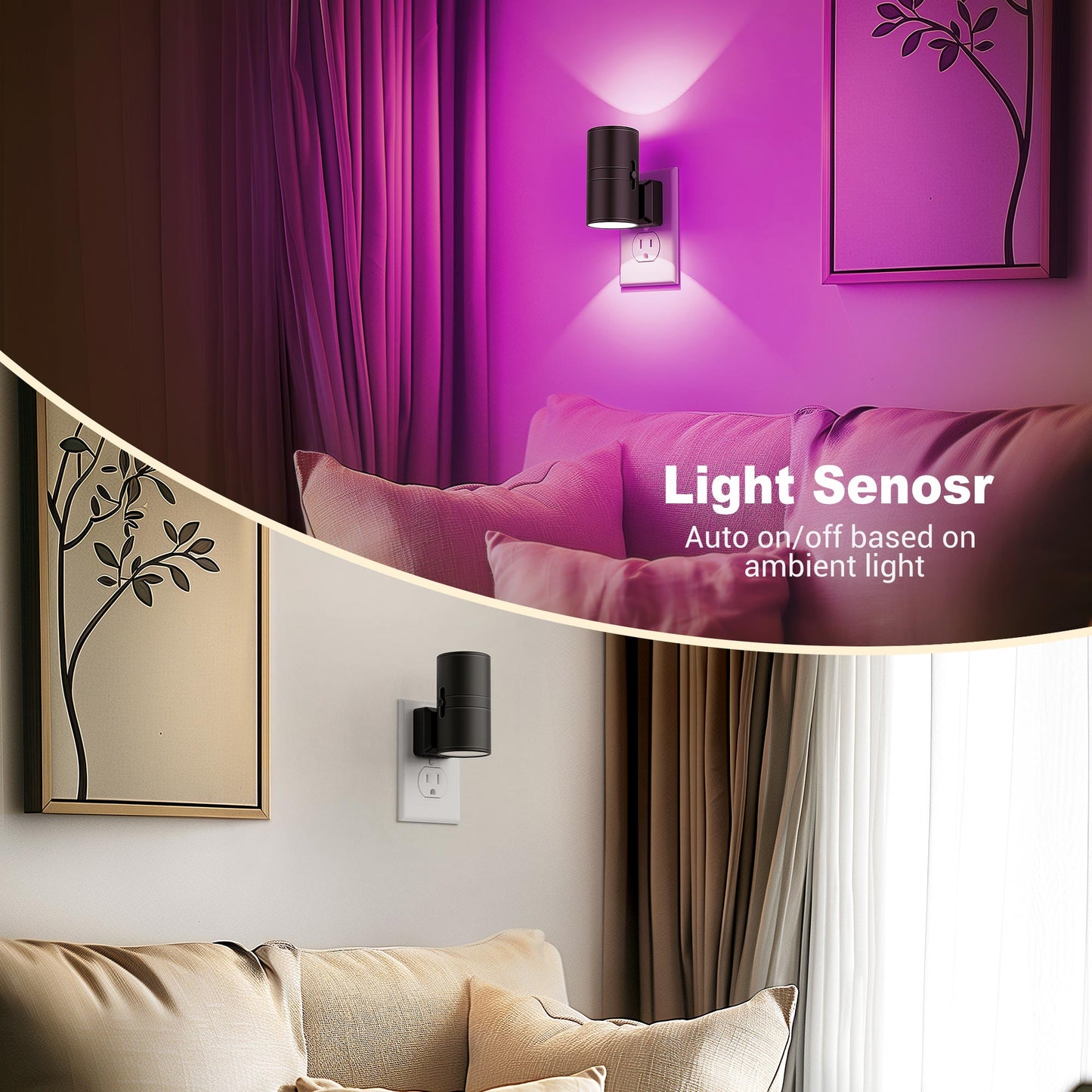 YANSUN 1-Watt Integrated LED Color Changing Plug-In  Light Sensor Night Light, RGB, Dimmable 2-Pack for Bedroom or Hallway