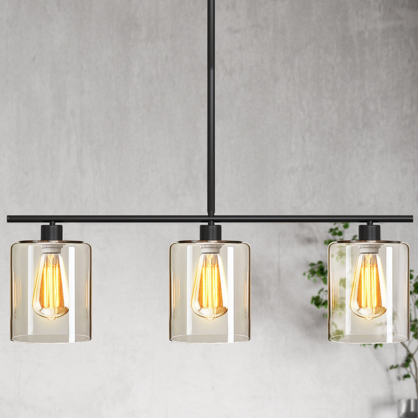 YANSUN Modern 3-Light Kitchen Island Pendant Light, Black Ceiling Fixture with Clear Glass Shades, E26 Hanging Rod Chandelier for Dining Room Kitchen Island