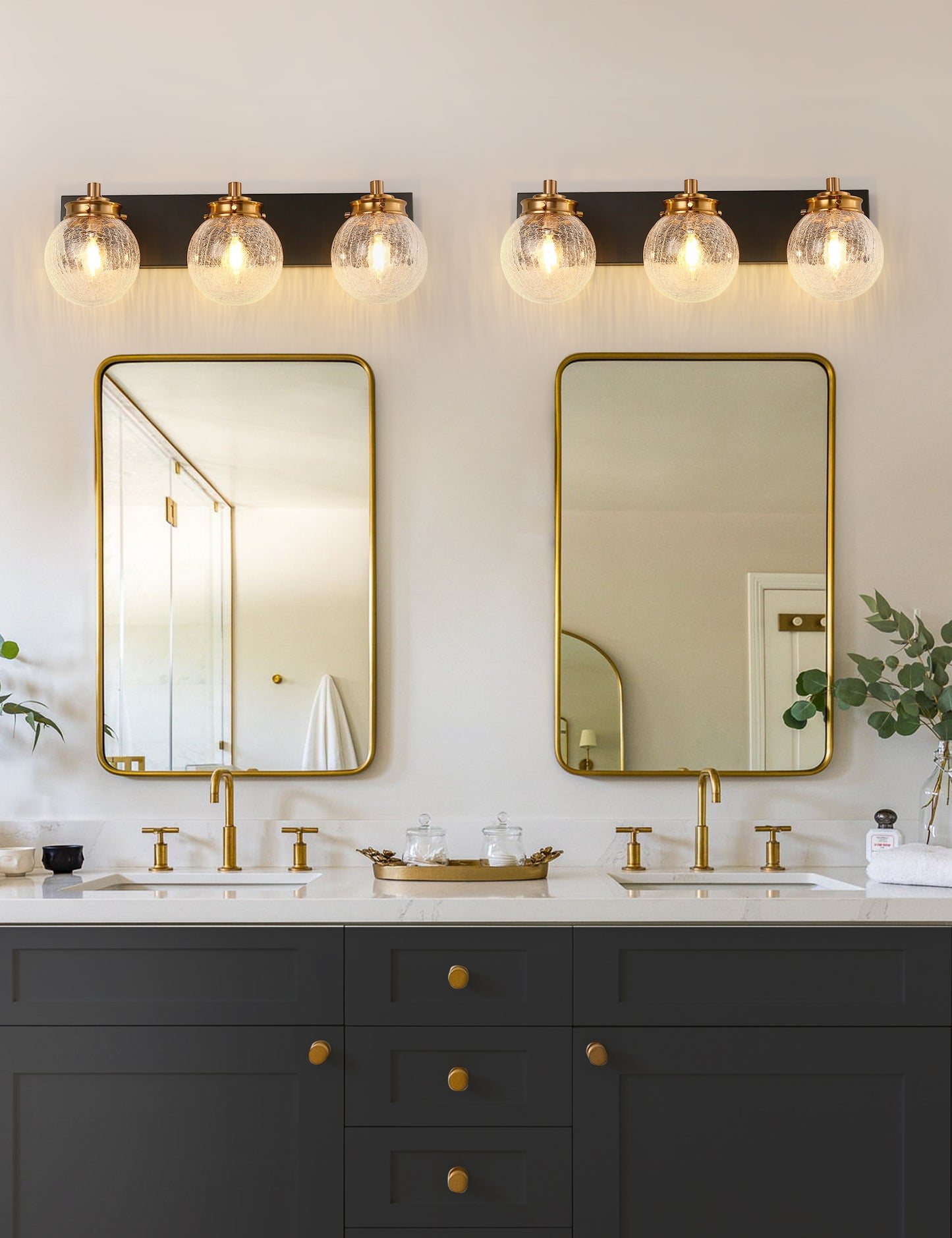 YANSUN 22 in. 3-Light Modern Black and Gold Vanity Light with Crackle Glass Wall Perfect for Vanity Powder Room Dressing Room