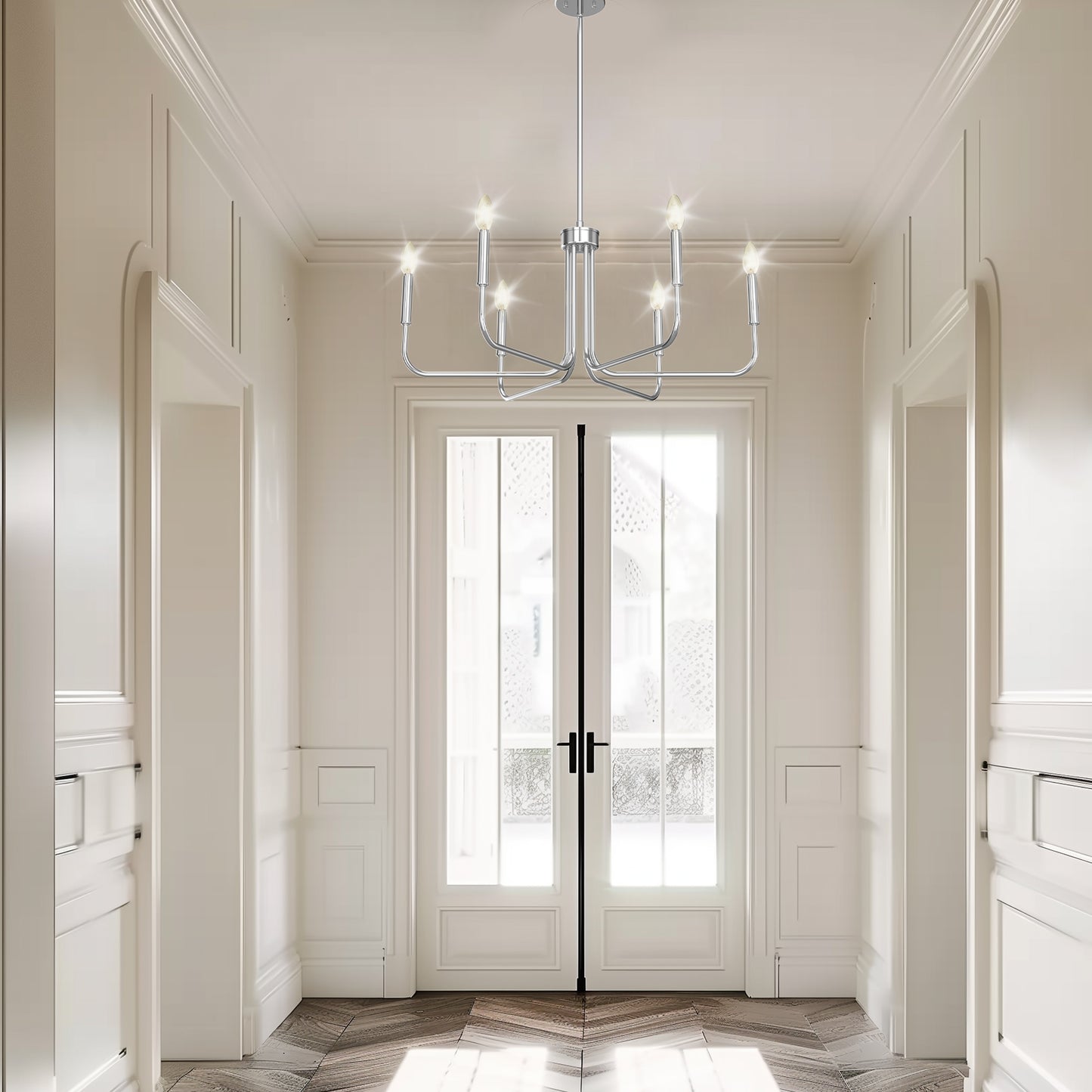 YANSUN 6-Head Chrome Traditional Chandelier - 28in E12 Metal Candelabra for Living Room Entryway, 40W Max