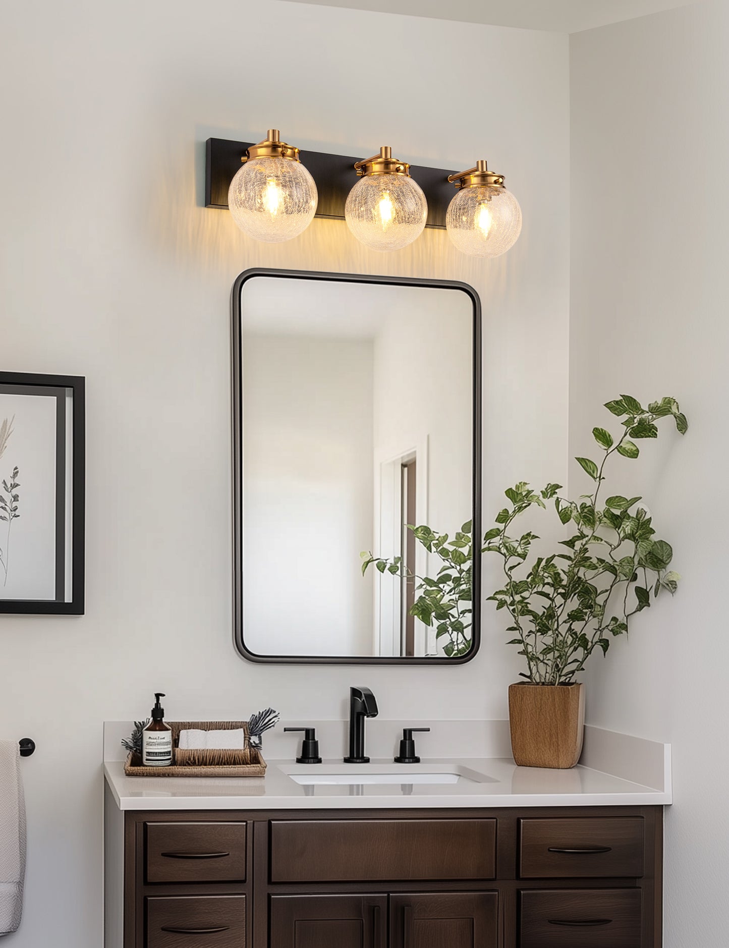 YANSUN 22 in. 3-Light Modern Black and Gold Vanity Light with Crackle Glass Wall Perfect for Vanity Powder Room Dressing Room