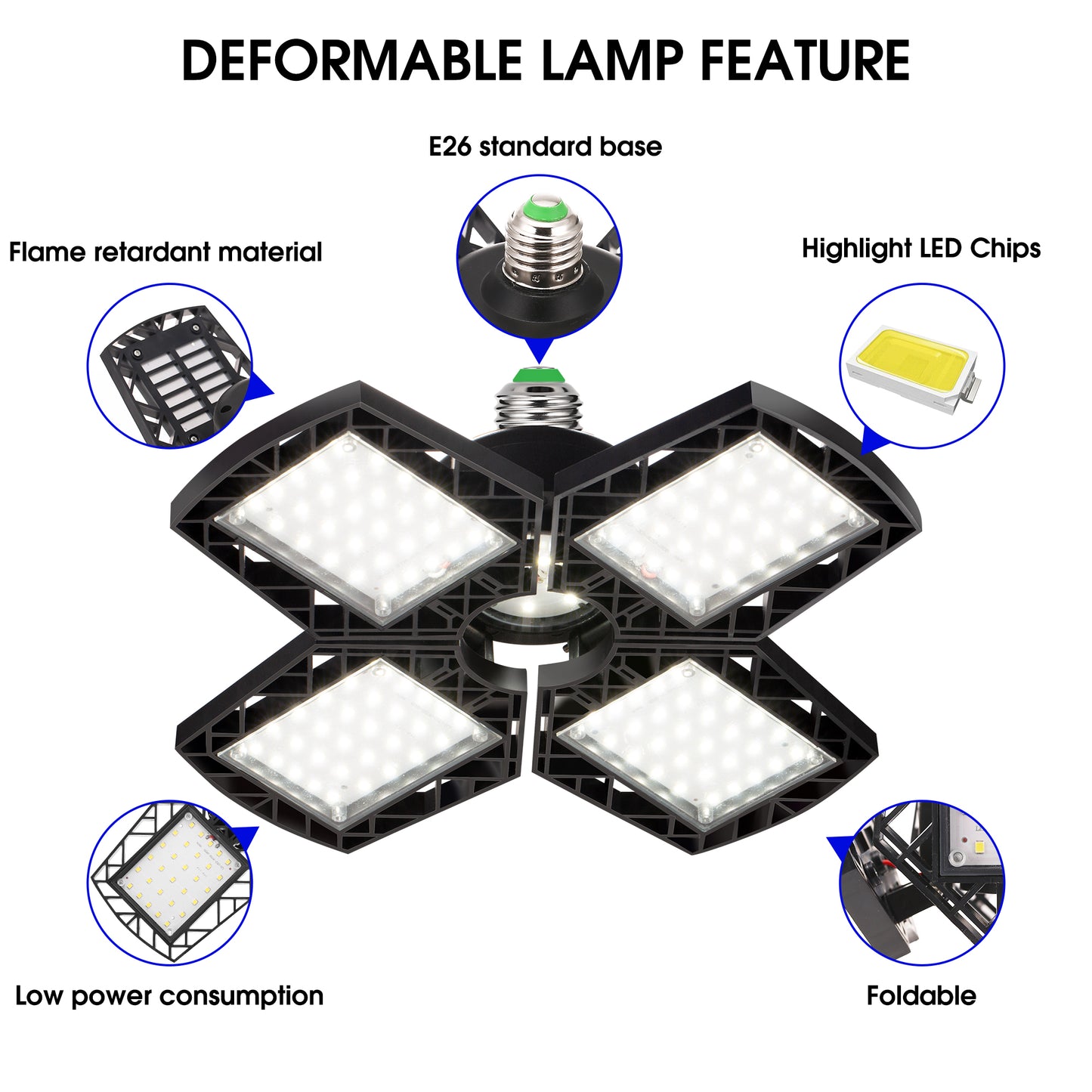 YANSUN LED Garage Light 4 Panel E26, 8000LM 6000K Deformable Ceiling Light, 38W High Brightness Shop Light for Garage Basement Workshop