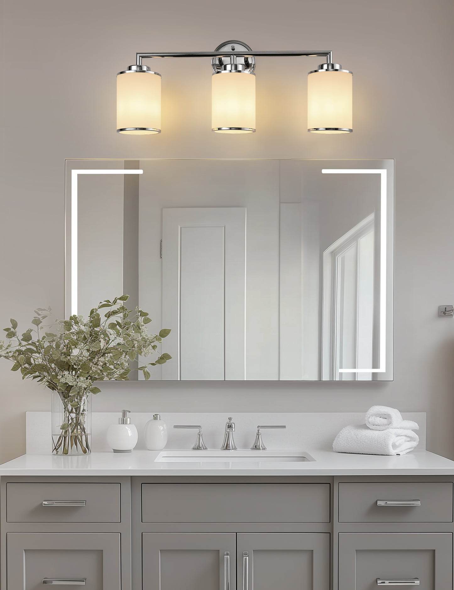 YANSUN 17 in. 3-Light Chrome Vanity Light with Frosted Cylinder Glass Shades Stylish Modern Wall Sconce for Vanity Powder Room