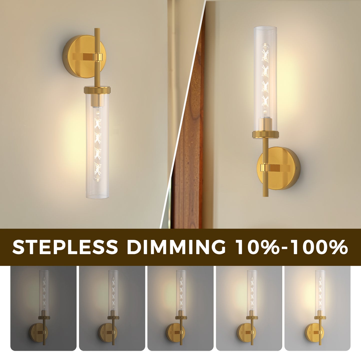 YANSUN 2-Pack Cylinder Copper Wall Sconce Remote Control Remote Timer Dimmable Wall Light with Clear Glass for Living Room