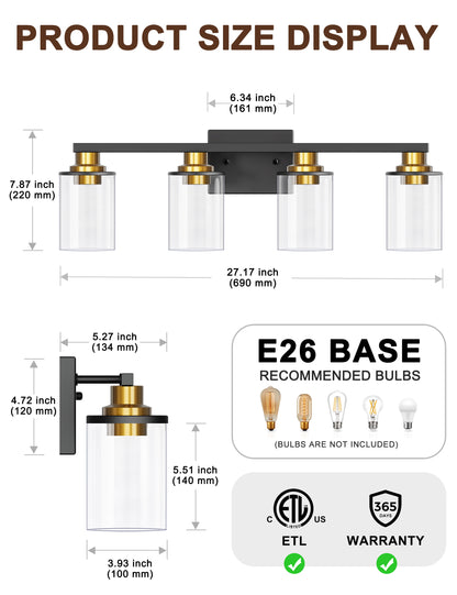 YANSUN 27.2 in. 4 Light Black and Gold Vanity Light with Clear Globe Glass Shades and Square Backplate for Bathroom