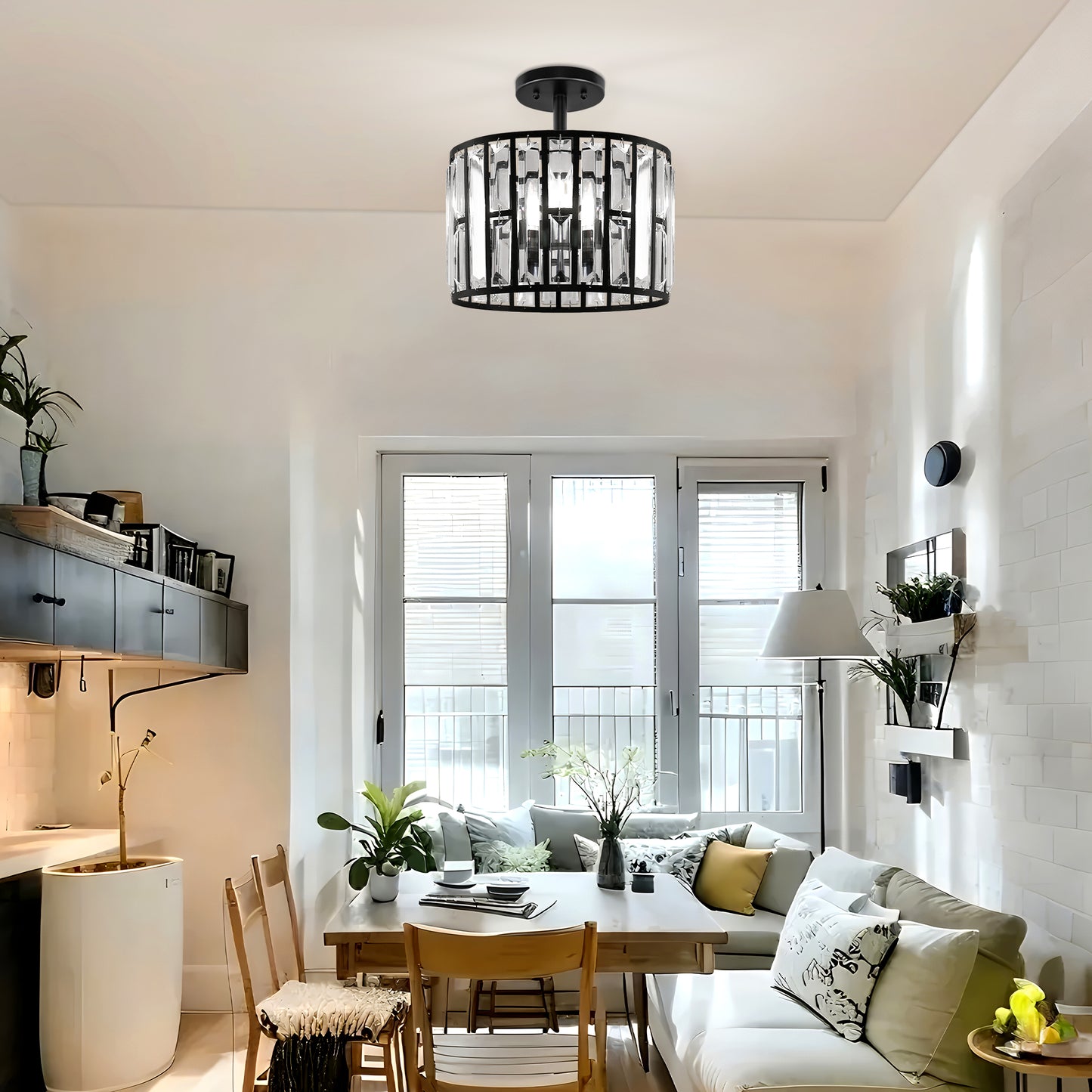 YANSUN 12.4 in. 3-Light Matte Black Semi-Flush Mount Ceiling Light with Crystal Details, E12 Base, for Living room, Bedroom