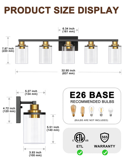 YANSUN 34 in. 5-Light Black and Gold Bathroom Vanity Light Fixture with Clear Glass Shades for Over Mirror