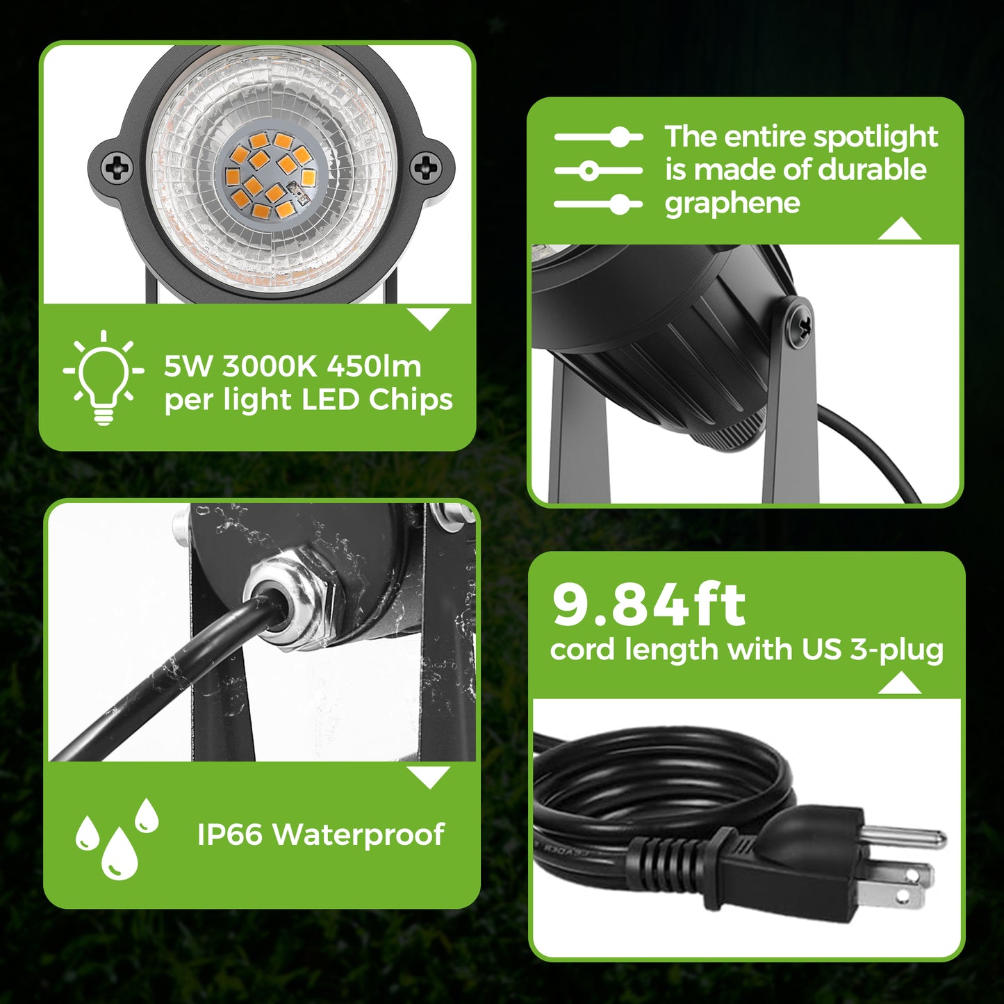 YANSUN 2-Pack Dusk-to-Dawn Outdoor LED Spotlights - IP66 Waterproof 8.27in Stake, UL 3-Prong Cord, 5W 450LM 2700K Warm Glow for Yard