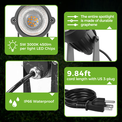 YANSUN 2-Pack Dusk-to-Dawn Outdoor LED Spotlights - IP66 Waterproof 8.27in Stake, UL 3-Prong Cord, 5W 450LM 2700K Warm Glow for Yard