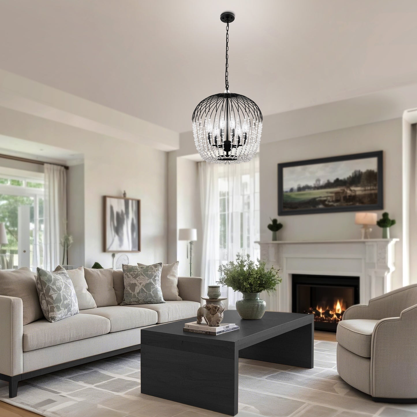 YANSUN 6-Light Black Crystal Pendant Light, Modern Statement Chandelier with E12 Base for Living Room or Dining Room