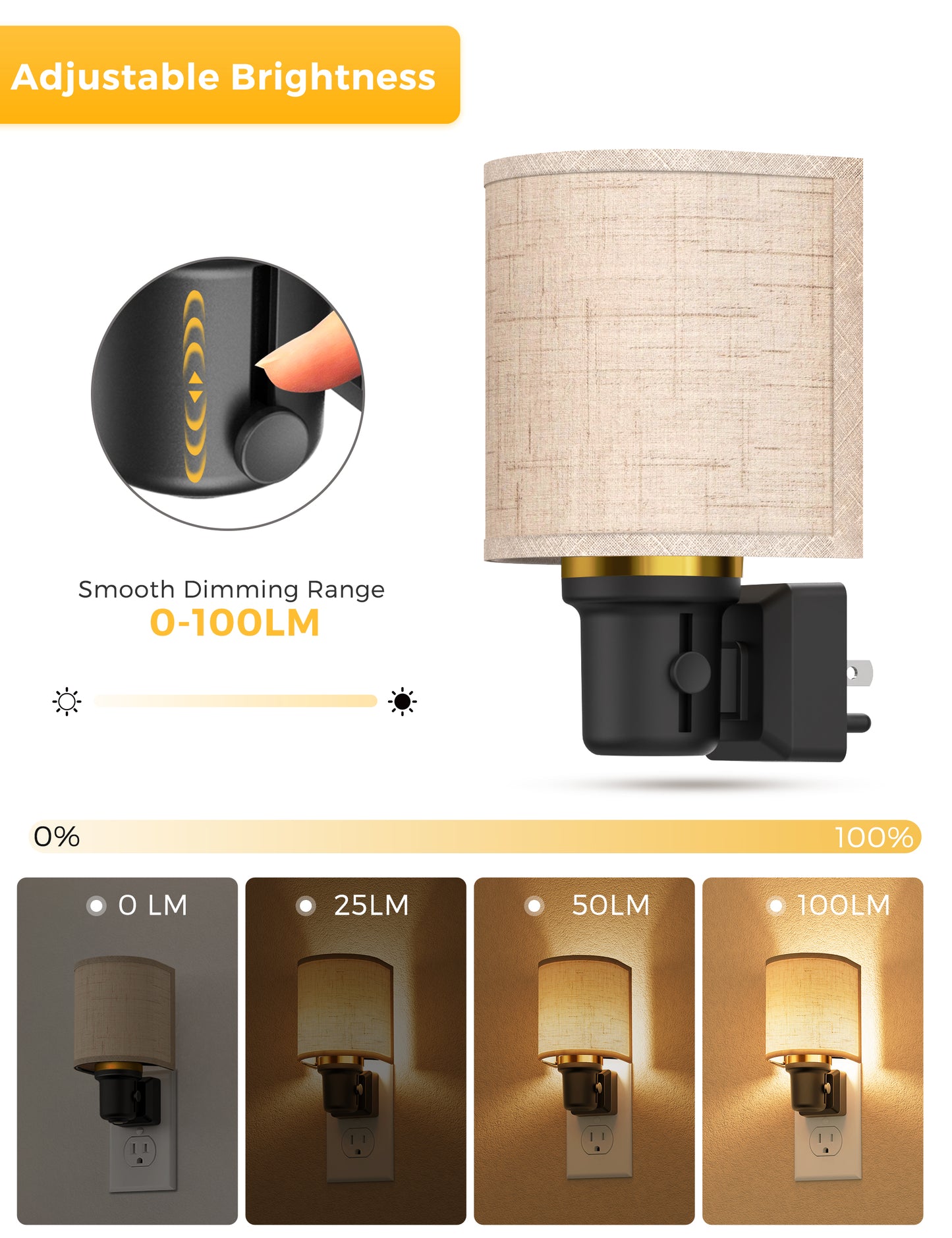 YANSUN 1-Pack 1W Plug-In Dimmable Night Light with Fabric Shade, Warm 2700K LED, Slide Dimmer, US 3-Prong Plug ???¡ì?C Black Base & Copper Finish Accent