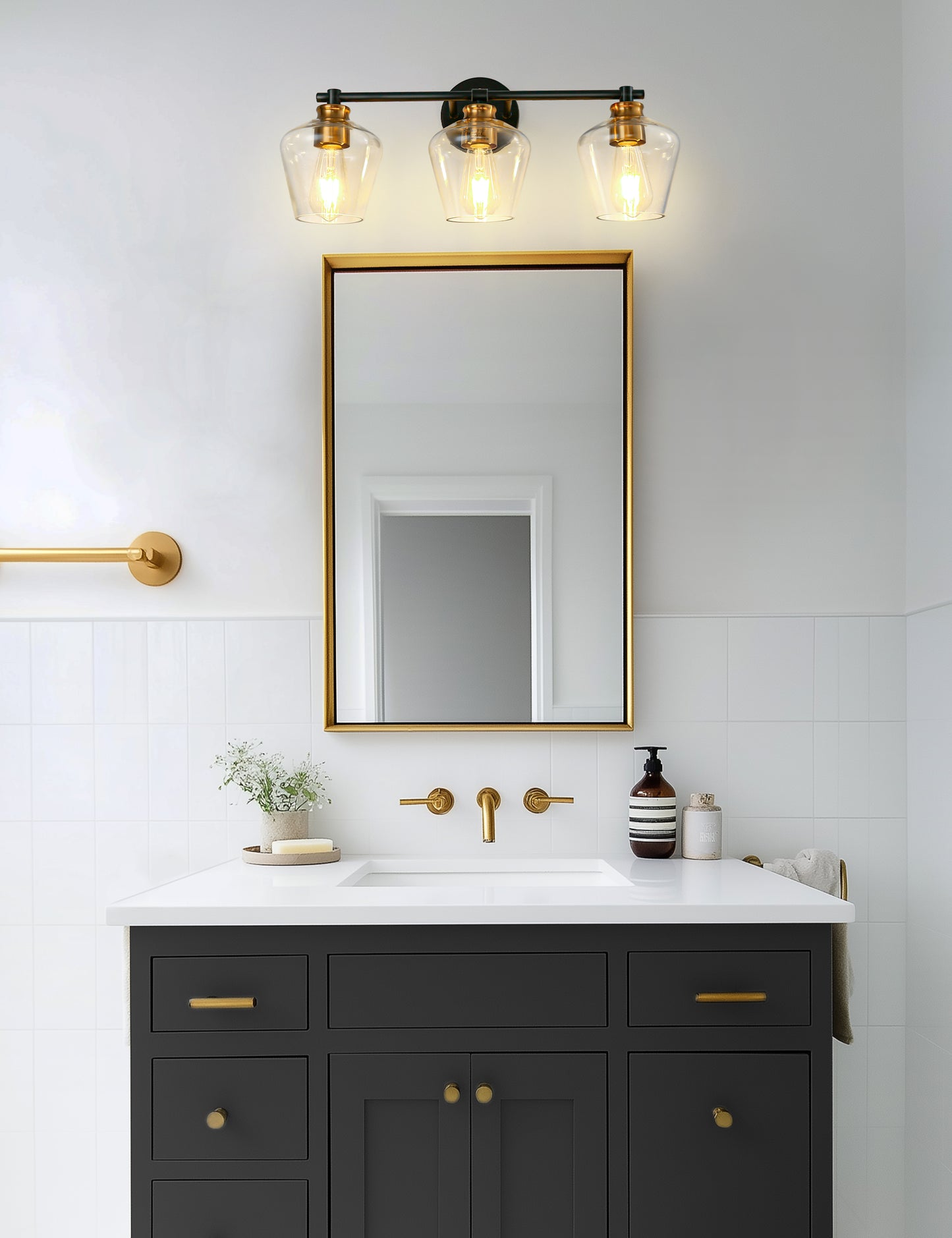 YANSUN 22 in. Black and Gold 3-Light Vanity Light with Clear Glass Shade for Vanity Powder Room Dressing Room