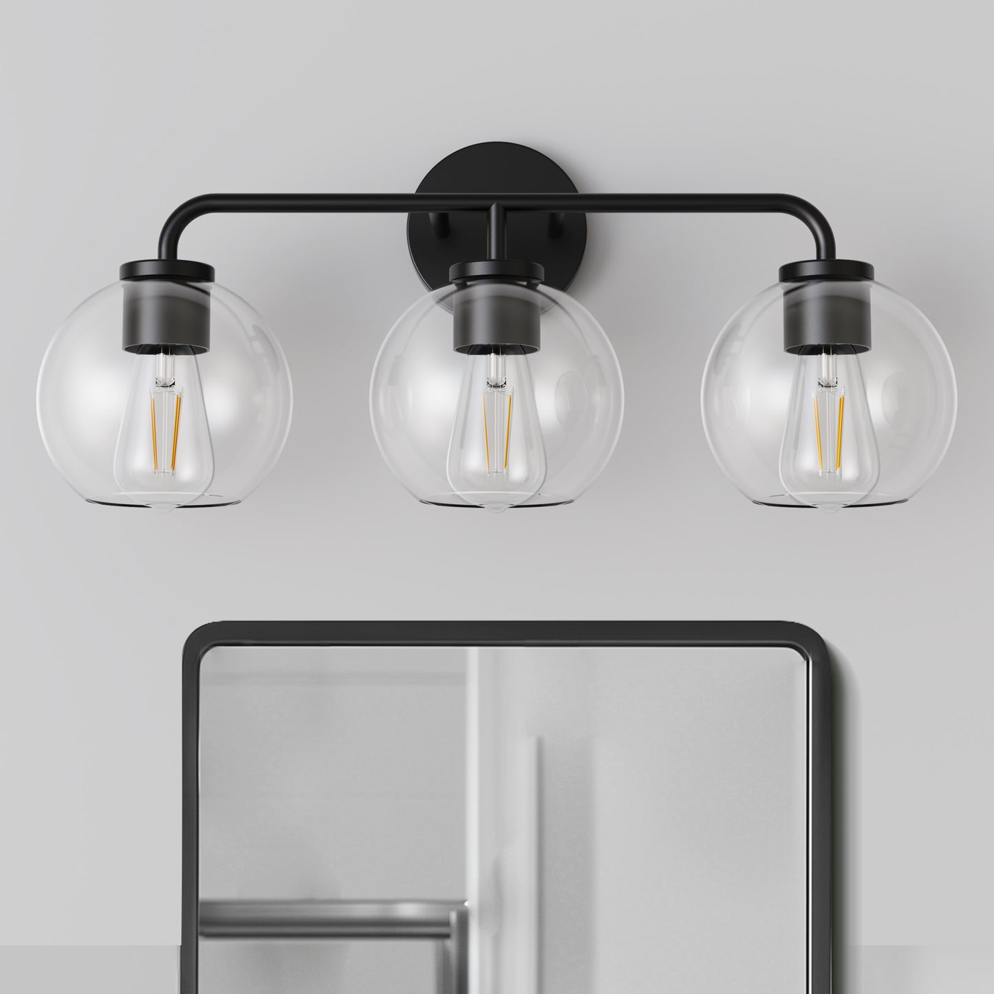 YANSUN 22.7 in. 3 Light Black Vanity Light with Clear Globe Shades Modern Round Wall Mount Wall Light for Bathroom E26 Base