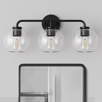 YANSUN 22.7 in. 3 Light Black Vanity Light with Clear Globe Shades Modern Round Wall Mount Wall Light for Bathroom E26 Base