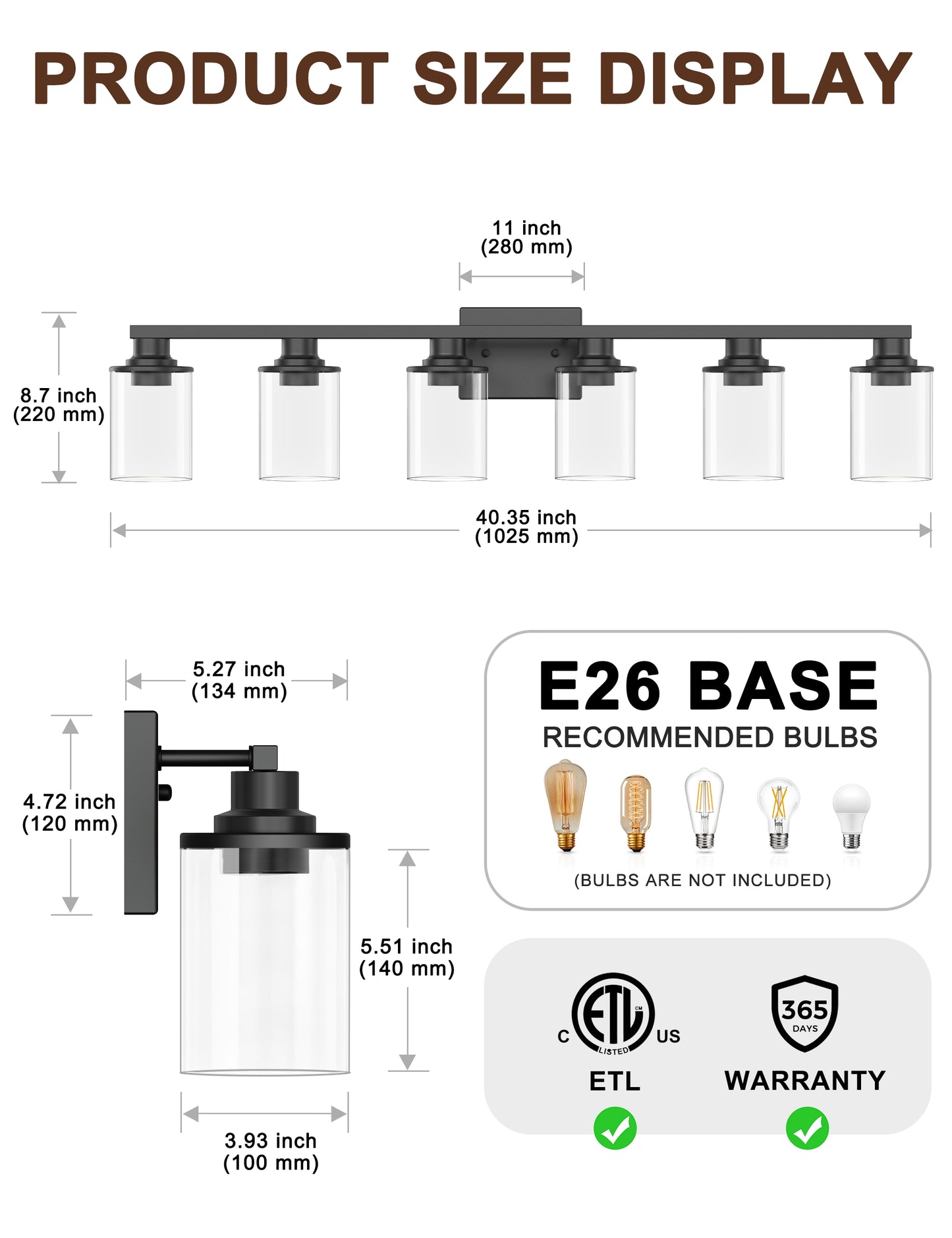 YANSUN 40 in. 6-Light Black Metal Dimmable Vanity Light with Clear Cylinder Glass Shades for Bathroom Vanity Light or mirror