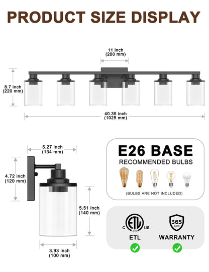 YANSUN 40 in. 6-Light Black Metal Dimmable Vanity Light with Clear Cylinder Glass Shades for Bathroom Vanity Light or mirror