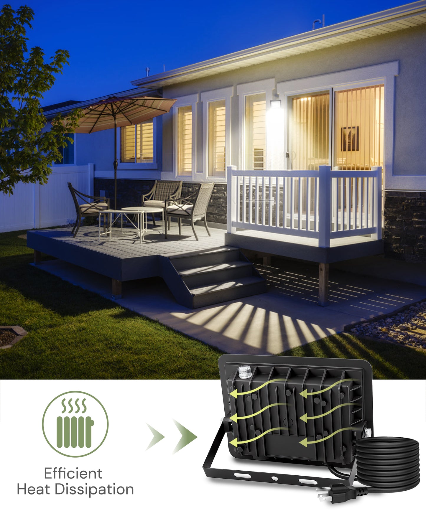 YANSUN 2-Pack Single-Color White Light-Sensing Outdoor Flood Light, Black Graphene Housing, IP66 Waterproof, 120V, 3ft UL-Certified Power Cord