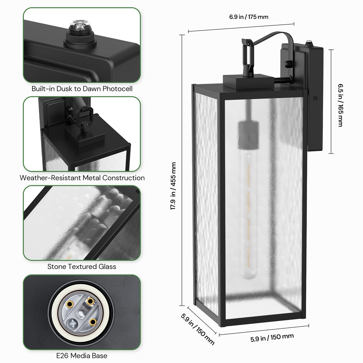 YANSUN 2-Pack Outdoor Wall Light with Dusk-to-Dawn Sensor, 18in Metal Fixture with Stone-Pattern Glass Shade, Upward Hook Design, E26 Base